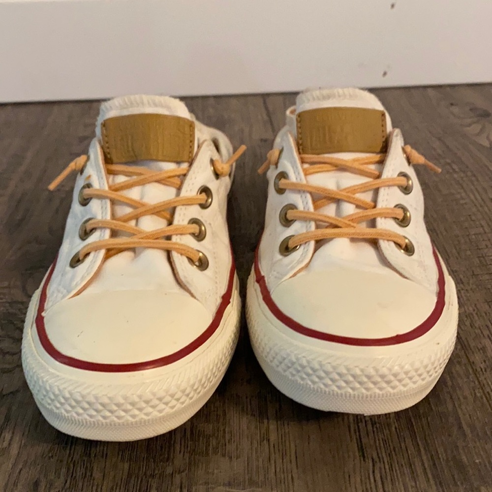 White converse with tan laces